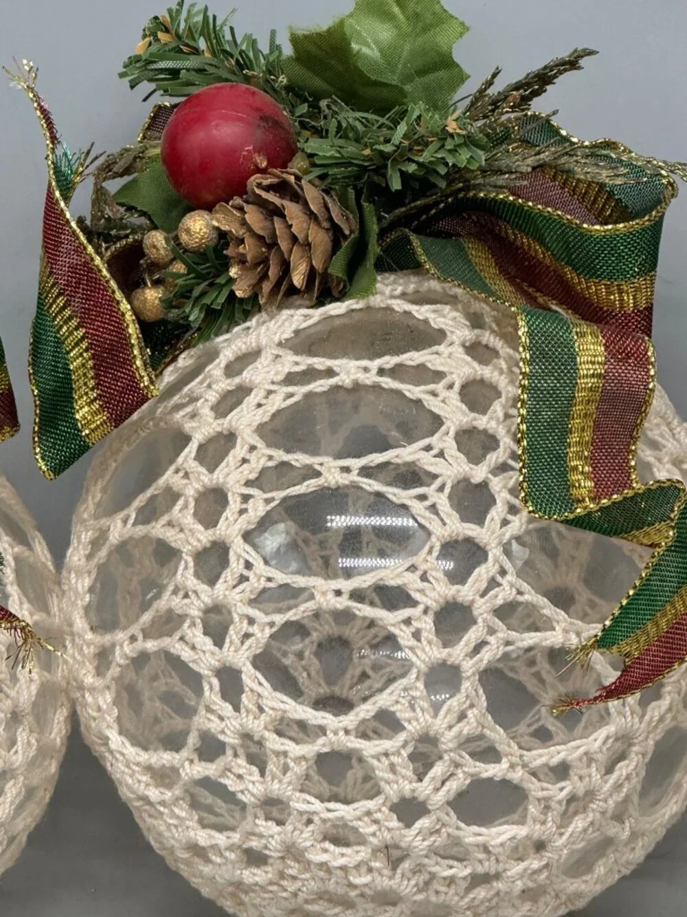 handmade Christmas bulbs ornaments set of 2 ribbon doily lace pine cones READ
